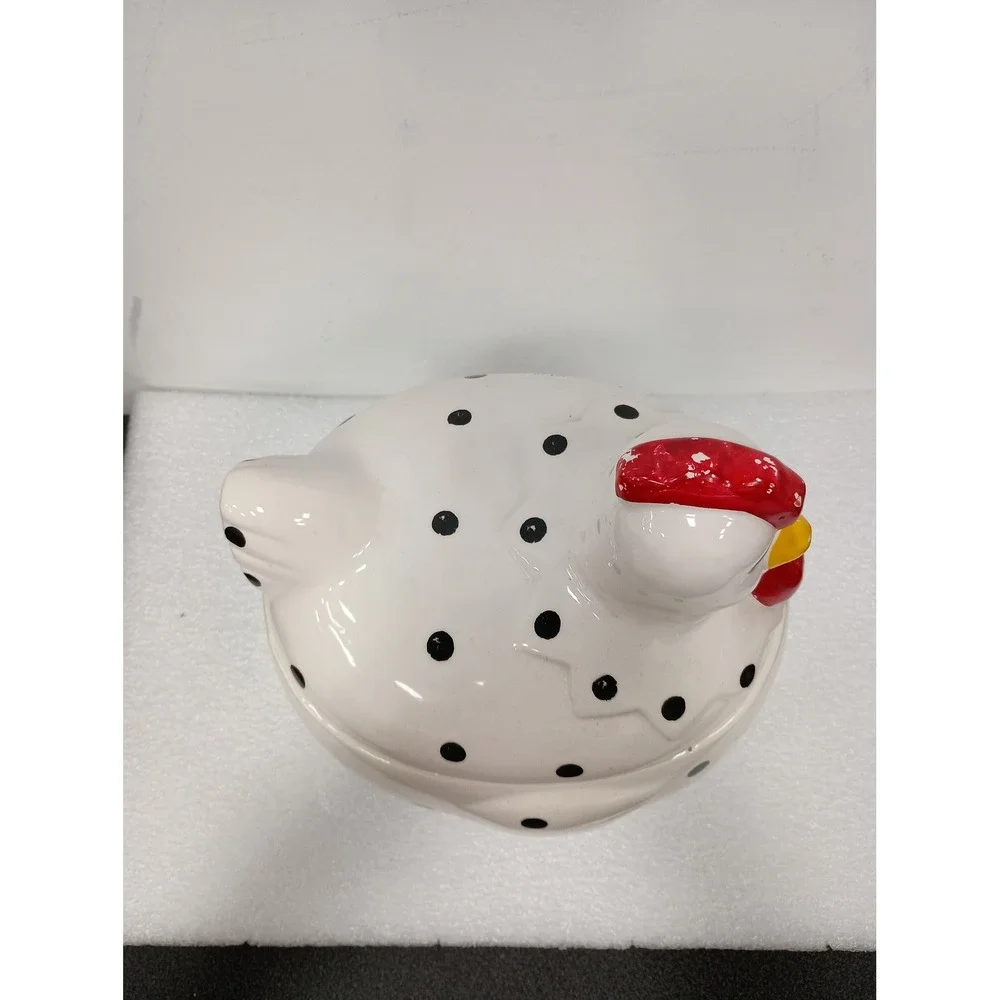 Vintage Chicken Cookie Jar White Black Polka Dot Ceramic Farmhouse Kitchen Decor